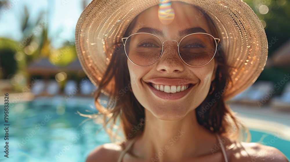 portrait of woman in straw hat and sunglasses in pool