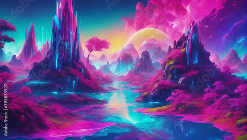 Dreamlike compositions featuring fantastical landscapes made of flowing, luminescent liquid in an array of vibrant and modern colors, including electric blue, neon pink, lime green ULTRA HD 8K © Moonish1