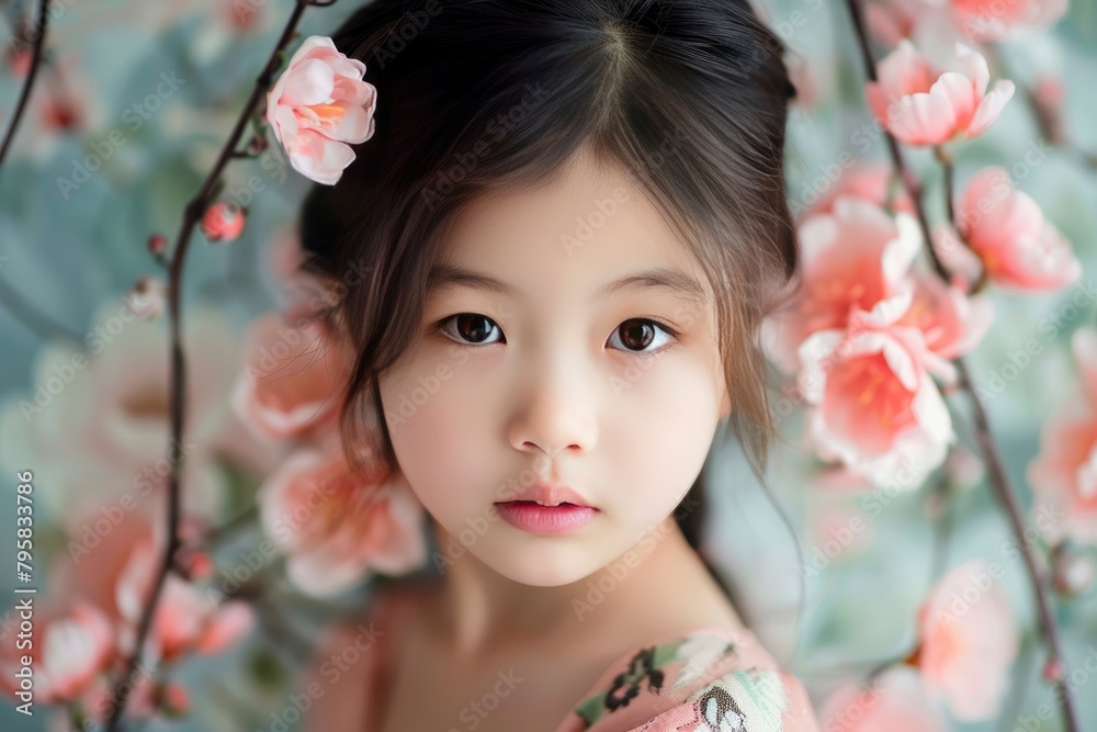 Photo of young Asian girl with flower on background - generative ai