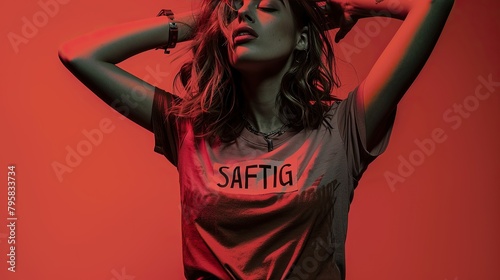 Bold fashion Design of a inticing woman wearing a t-shirt with the stylized words "SAFTIG", in the style of matrakiz mayhem, bold pose, dark blush, dark peach, light black, richly layered