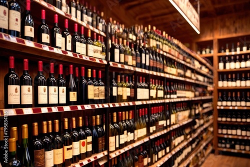 Bottles of wine for sale on shelves of retail shop supermarket