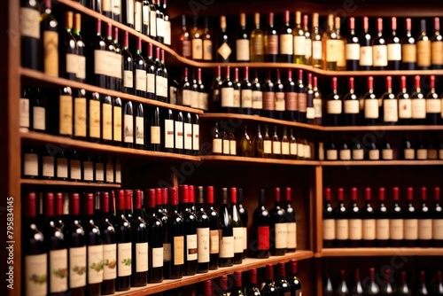 Bottles of wine for sale on shelves of retail shop supermarket