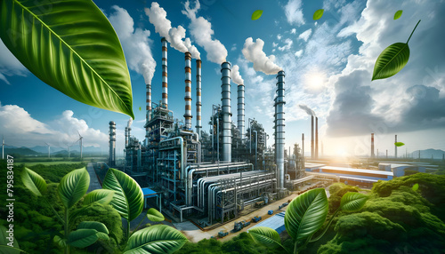 Green industry eco power for sustainable energy saving environmental friendly low carbon footprint. Green factory industry for good environment ozone air low carbon footprint production concept