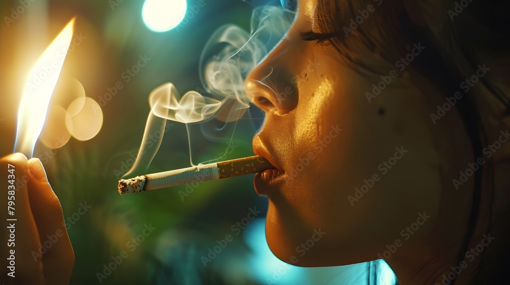 Fototapeta premium The man smoke an cigarette on the background of bright light