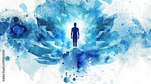 book cover image, a silhouette standing in a lotus flower floating at the center of a white space with aura in varying shades of blue, inspired by spirituality and healing photo