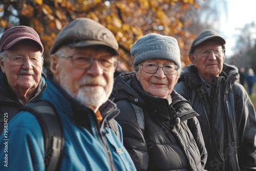 Group of elderly people walking in autumn park. Selective focus.