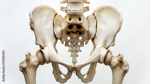 Human pelvic bones displayed in anatomical position, showcasing the structure of the skeletal system.