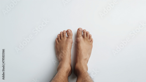A pair of bare human feet against a white background, toes pointing upwards. photo
