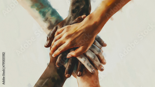 A vibrant artwork of multiple hands clasped together in unity, showing a blend of different skin tones.