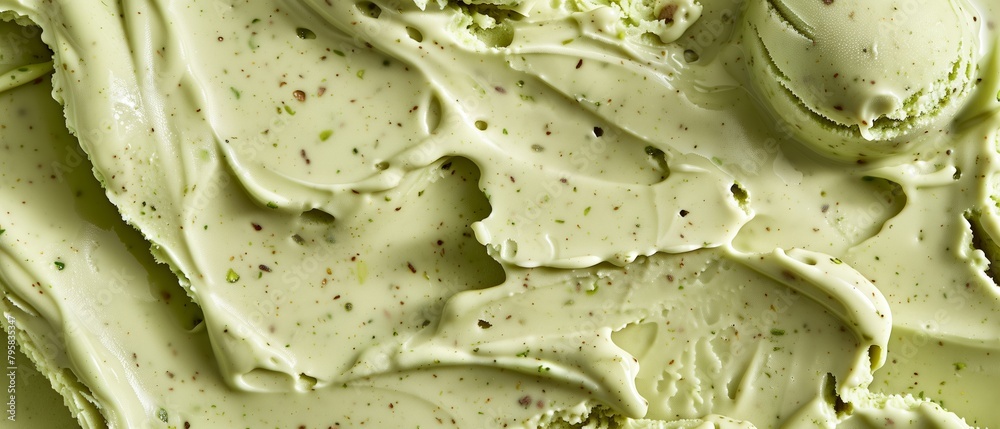 Fototapeta premium Pistachio flavor gelato - full frame background detail. Close up of a green surface texture of pistachio Ice cream