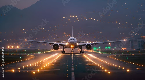 plane taking off on the runway at night photo