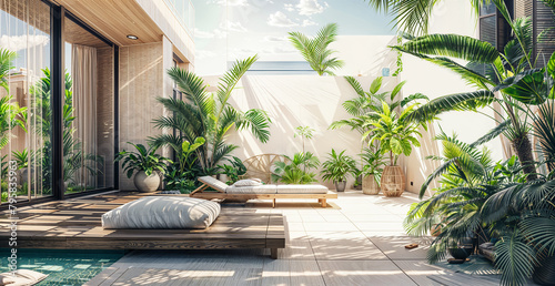 Modern Home Interior with Indoor-Outdoor Living Space and Tropical Garden. Biophilic Design Example: Home with Lush Garden and Natural Materials photo