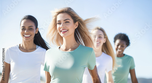 Group of Diverse Women Smiling and Walking Together Outdoors. Confident Women of Different Body Types Embracing Active Lifestyle photo