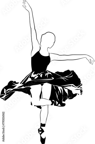 Sketch a beautiful young girl posing ballet, vector art. Black graphic isolated on white background.