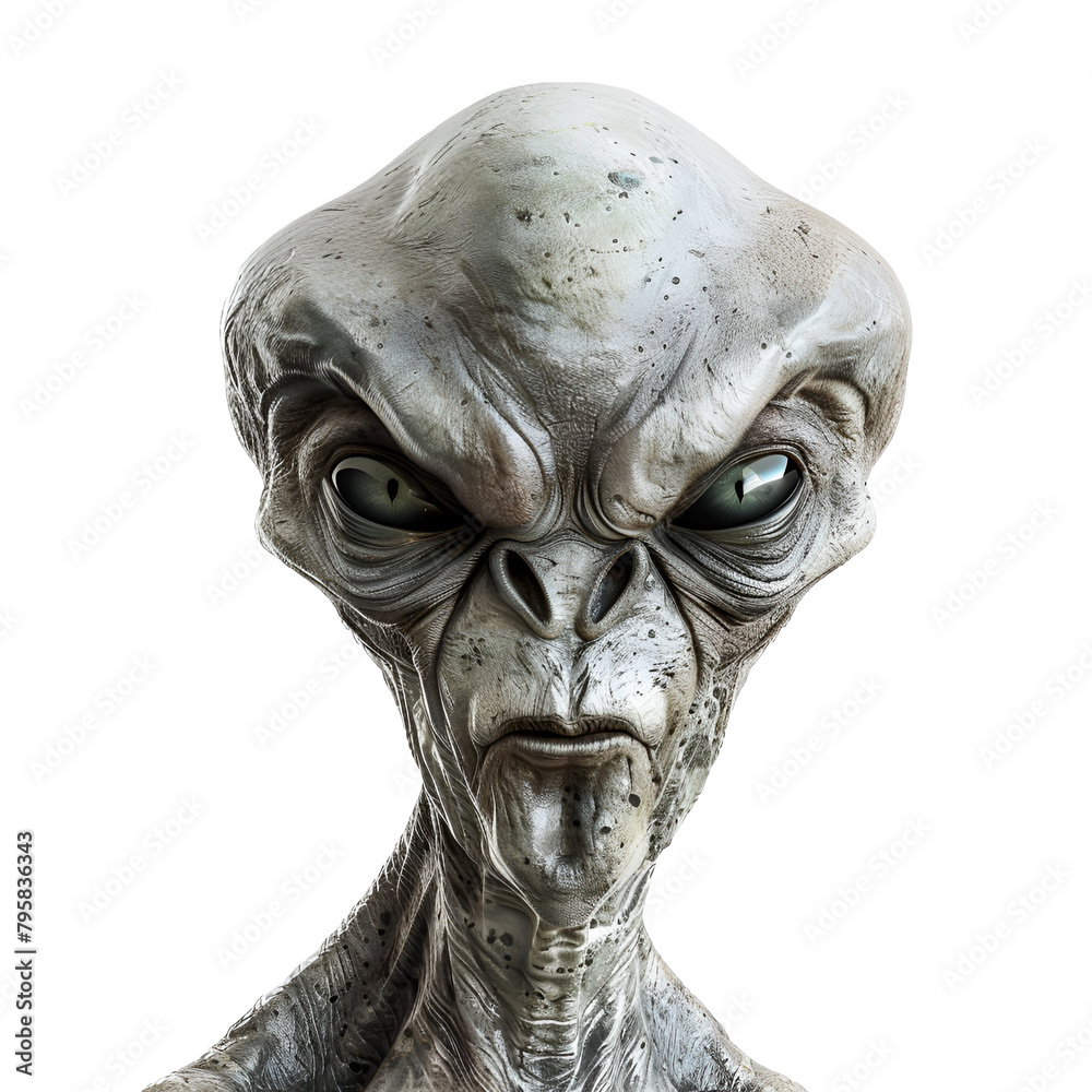 Agressive Face Expression in a Body Shot of a Dangerous Gray Alien Designer, Isolated on Transparent Background, PNG