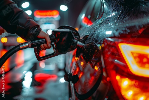 Person filling car with gasoline at night on city street gas station for urban lifestyle