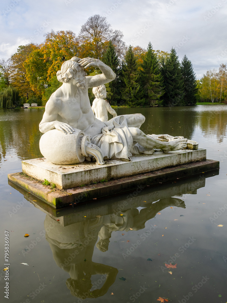 Schwetzingen Palace garden lake statue