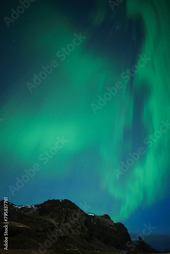 Night Sky with Colorful Aurora above Mountains in Southern Iceland