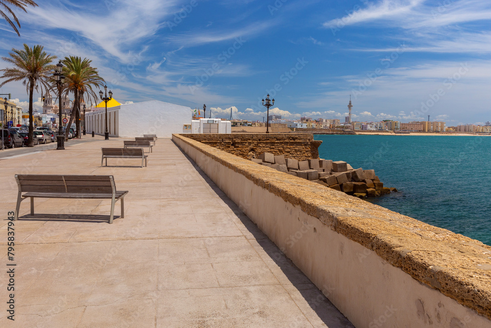 View of Cadiz on a sunny day against the backdrop of the blue sea.