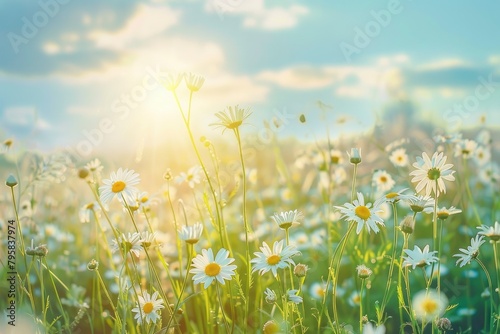 A beautiful  sun-drenched spring summer meadow. Natural colorful panoramic landscape with many wild flowers of daisies against blue sky. A frame with soft selective focus - generative ai