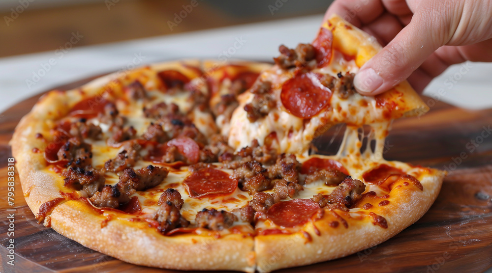 a hand grabbing a slice of sausage and pepperoni pizza. The pizza is on a wooden cutting board a hand grabbing a slice of sausage and pepperoni pizza. The pizza is on a wooden cutting board