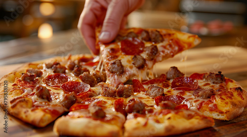 a hand grabbing a slice of sausage and pepperoni pizza. The pizza is on a wooden cutting board