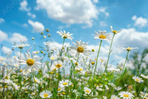 A beautiful  sun-drenched spring summer meadow. Natural colorful panoramic landscape with many wild flowers of daisies against blue sky. A frame with soft selective focus - generative ai