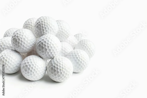 pile of white golf balls isolated on white copy space sport equipment recreation concept