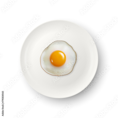 Vector 3d Realistic Fried Egg on a White Dish, Plate Closeup Isolated in Top View. Design Template of Scrambled Eggs, Fried Egg, Omelette. Delicious Breakfast, Food, Culinary Concept