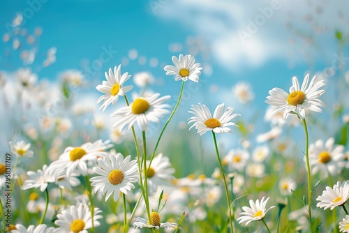 A beautiful, sun-drenched spring summer meadow. Natural colorful panoramic landscape with many wild flowers of daisies against blue sky. A frame with soft selective focus - generative ai © Nia™