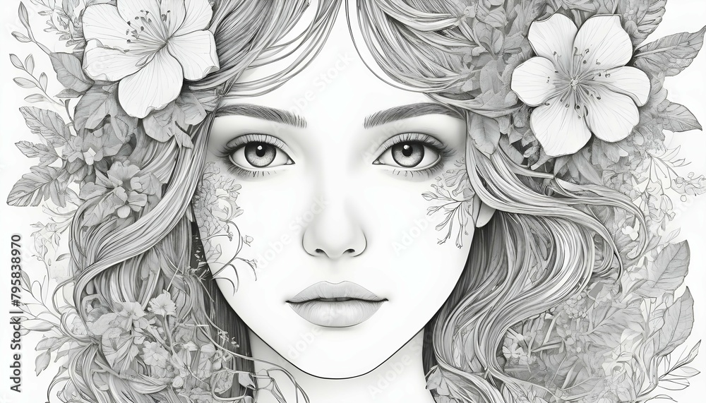 Illustrate a girls face in a botanical inspired l upscaled 8