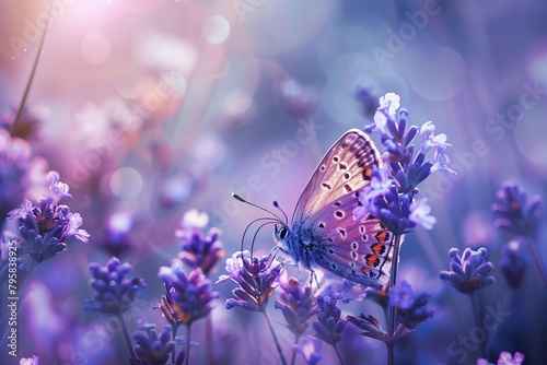 purple butterfly on purple flowers nature background spring beauty floral illustration © Lucija