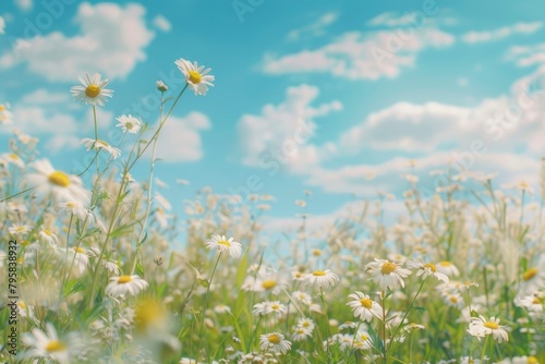 A beautiful, sun-drenched spring summer meadow. Natural colorful panoramic landscape with many wild flowers of daisies against blue sky. A frame with soft selective focus - generative ai