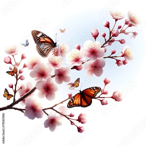 On a pure white background, isolated on a white background, close-up of a branch of a blossoming apple tree, in the style of light pink and dark indigo, smooth and stylized, light green and blue, cute