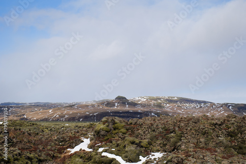 Iceland Lava Fields Landscape covered in Moss and Patches of Snow