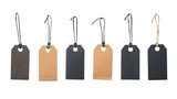 A collection of black and brown price tags made of cardboard paper with a transparent background.