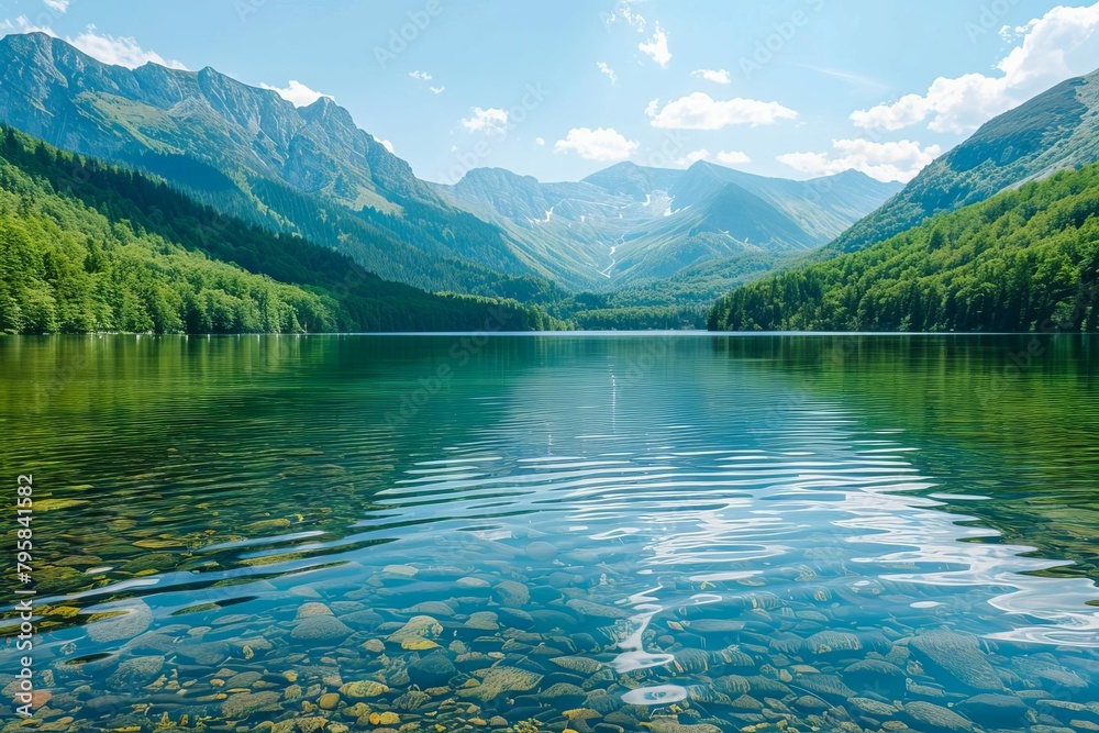 serene mountain lake with clear water summer background