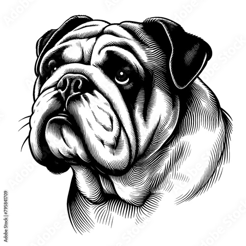 Hand drawn Bulldog portrait, vector sketch isolated on white background. 