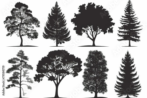 set of various tree silhouettes isolated on white background black nature elements collection vector illustration