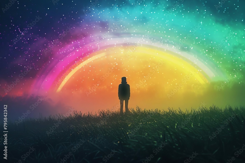 silhouette of person standing in front of vibrant rainbow symbol of hope and possibility aigenerated illustration