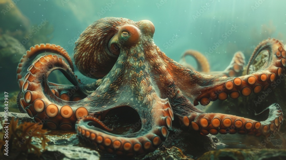 Octopus with vibrant orange tentacles in water tank with rocks