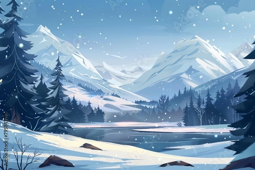 snowcovered forest and mountains under blue sky tranquil winter wonderland landscape illustration © Lucija