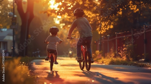 A heartwarming image of a parent teaching their child to ride a bike