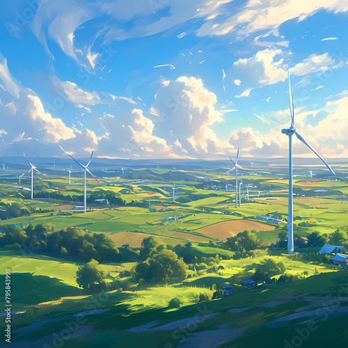 Vibrant Panorama of Modern Energy Solutions with Rolling Hills and Bountiful Fields