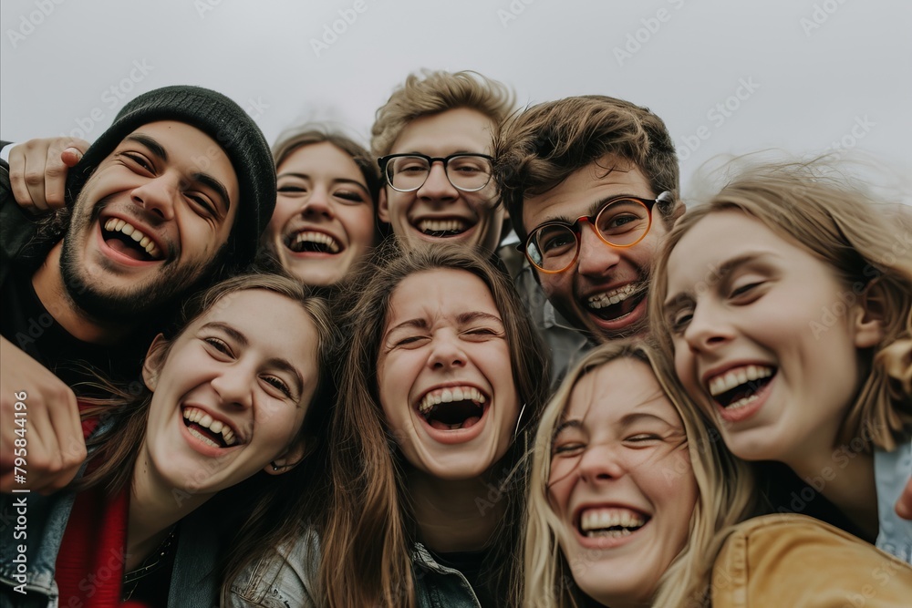 Group of young people standing in a row and laughing. Group of friends having fun together.