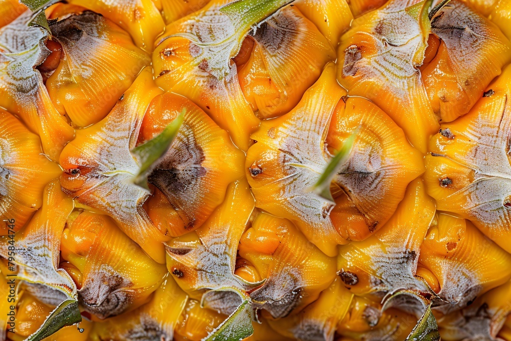 Close-up view of a pineapple skin showing detailed texture and vibrant yellow and orange tones with green spiky elements. Close-up view of a pineapple skin showing detailed texture and vibrant yellow and orange tones with green spiky elements.