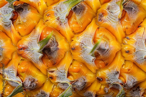 Close-up view of a pineapple skin showing detailed texture and vibrant yellow and orange tones with green spiky elements. photo