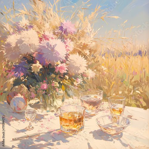 A Chic Still Life: Blooms, Wheat, Whisky Sours, and a Sunlit Ambiance Perfect for Marketing Campaigns photo