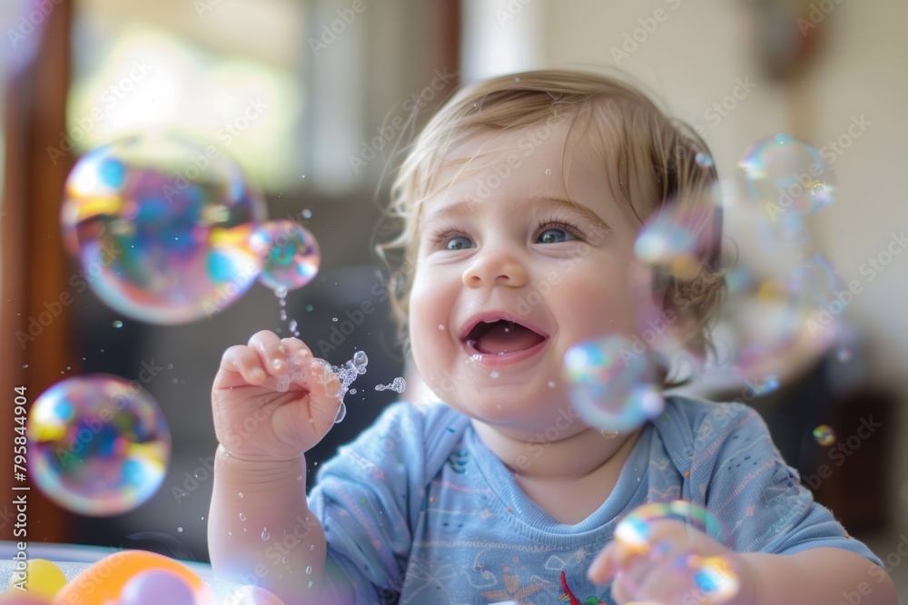 Cheerful baby boy blowing bubbles and making a mess during mealtime