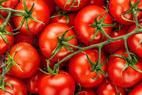 Close-up view of fresh, ripe red tomatoes on the vine, arranged closely, showing vibrant colors and natural textures.